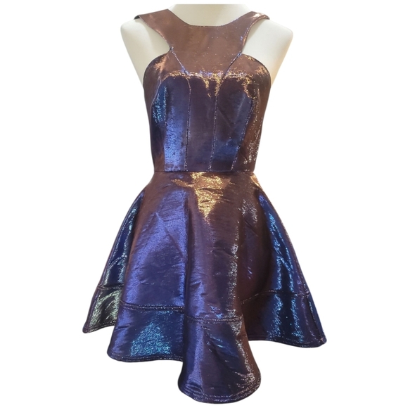 topshop Shimmering bonded metallic blue Purple prom occasion mini skater Dress 2 - Picture 2 of 7